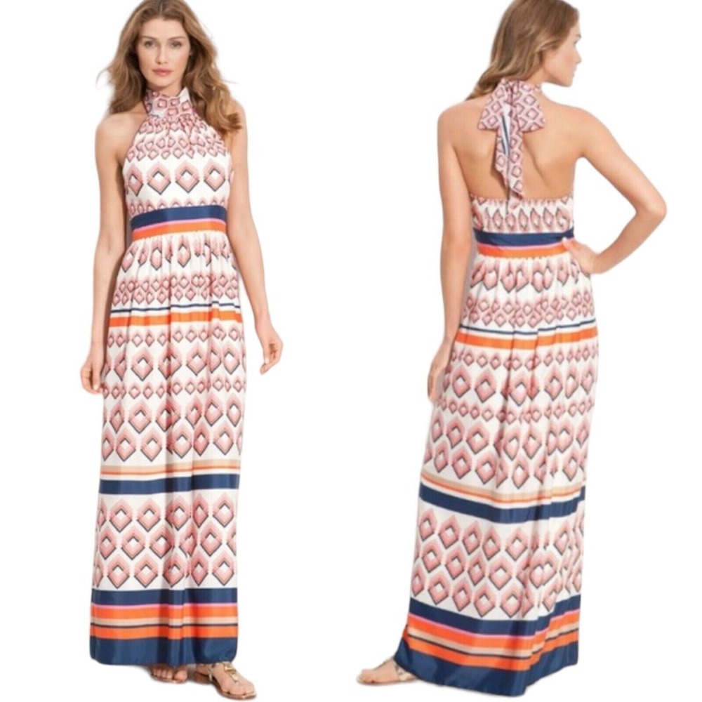 NWT Eliza J Womens Geometric Print Halter Maxi Dress Navy Orange Coral Size 6